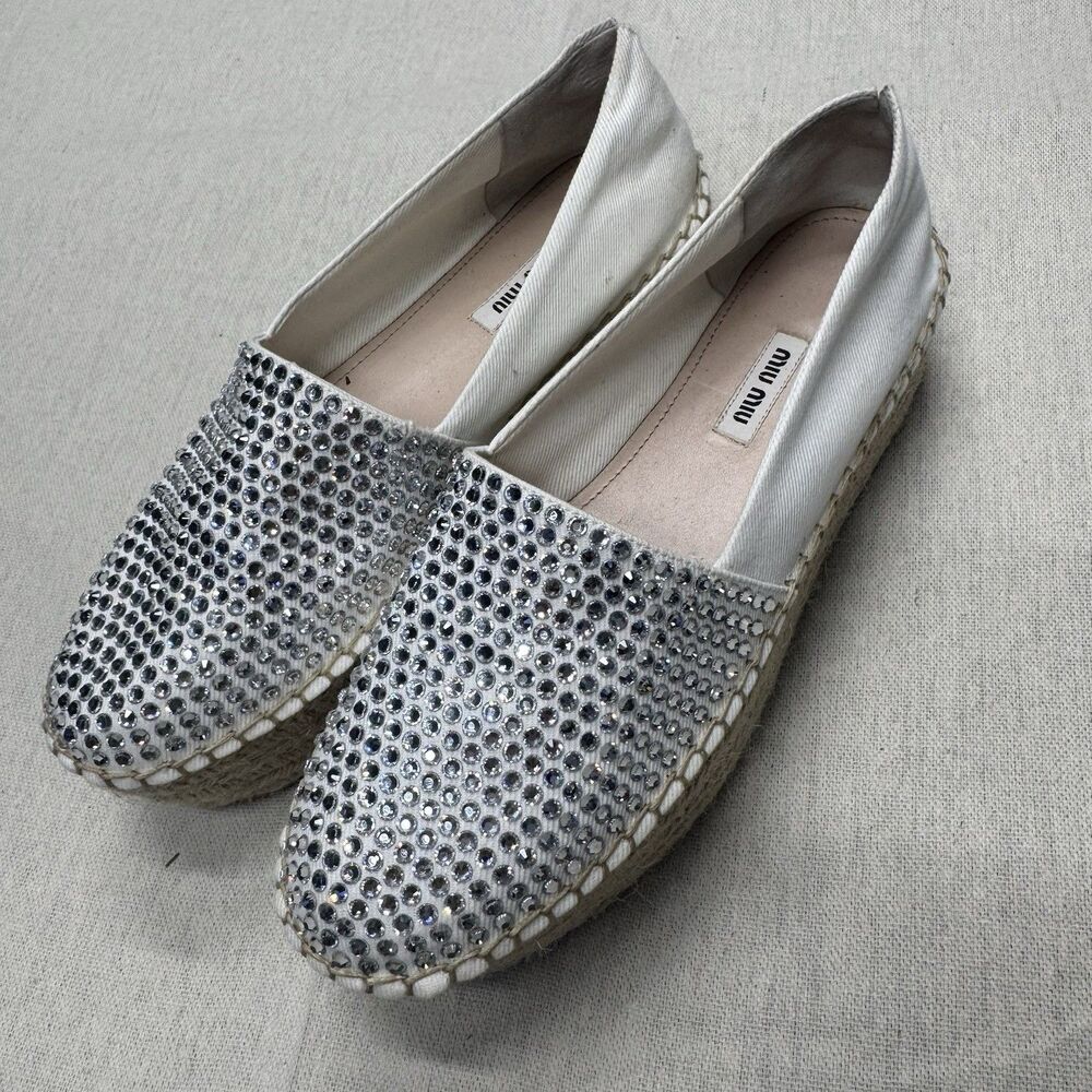Miu Miu Crystal Rhinestone Platform Espadrilles White Shoes Italy 40.5